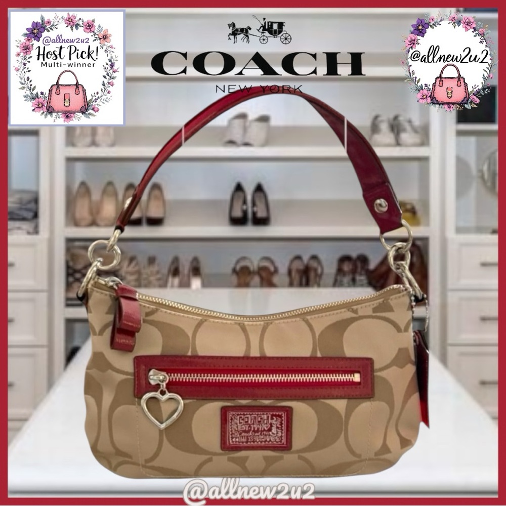 Coach Poppy Signature Monogram Khaki Jacquard Red Silver Hdw